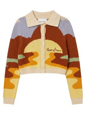 House of Sunny Sunset Motif Cropped Knit Cardigan in Rust, Yellow & Lavender